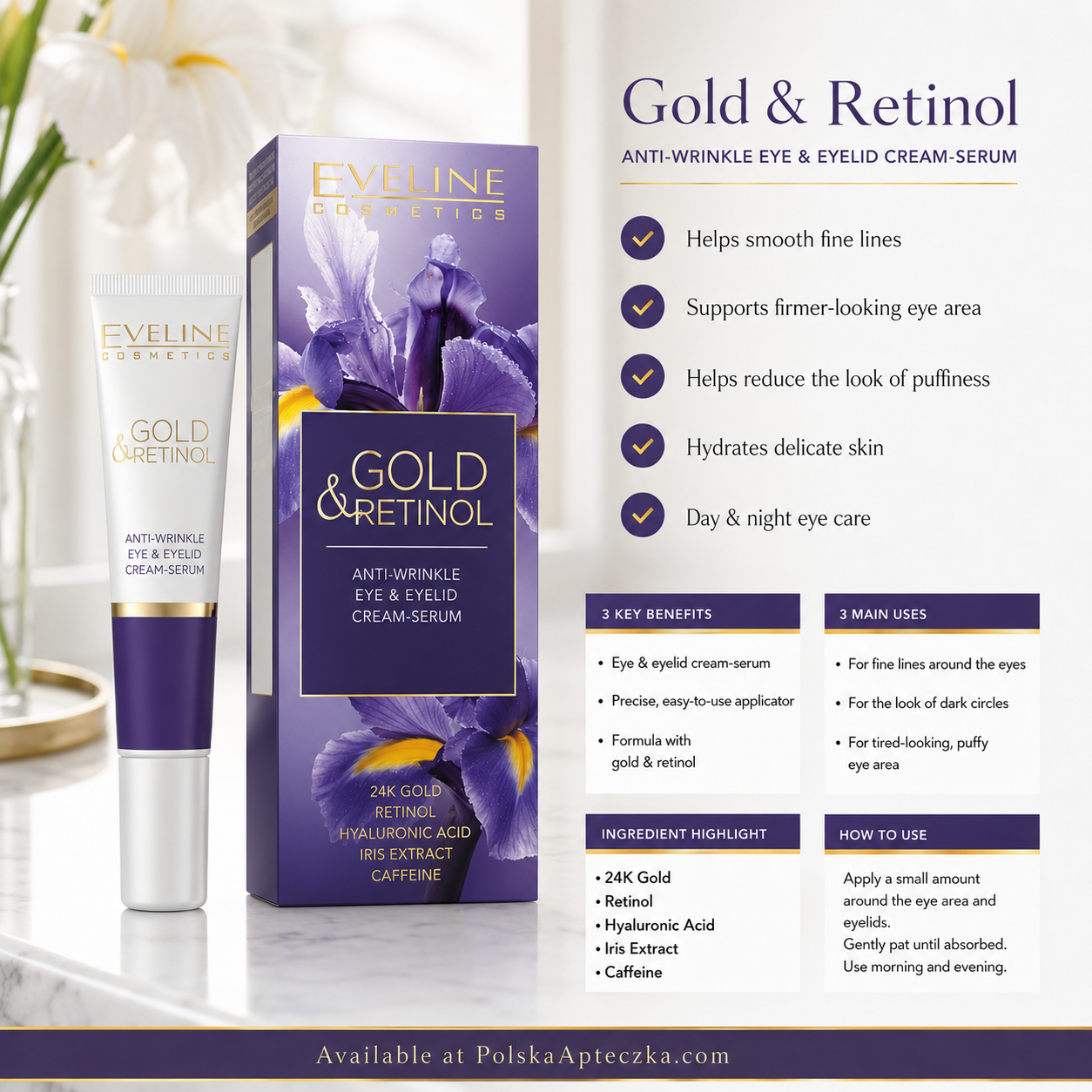 Eveline Gold & Retinol Anti-Wrinkle Eye Cream-Serum 20ml infographic