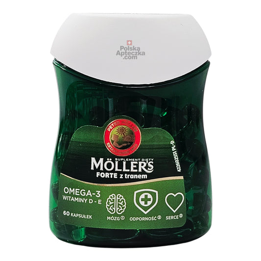Front of Moller’s Forte Omega-3 bottle with vitamins