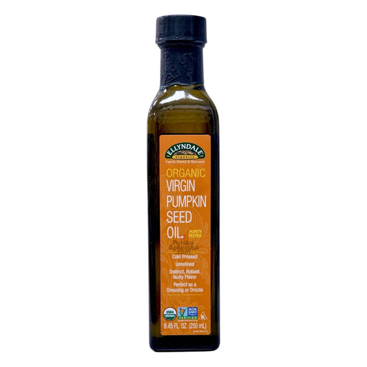 Front view of Ellyndale Organic Virgin Pumpkin Seed Oil 250ml – cold pressed, unrefined, certified organic and non-GMO oil