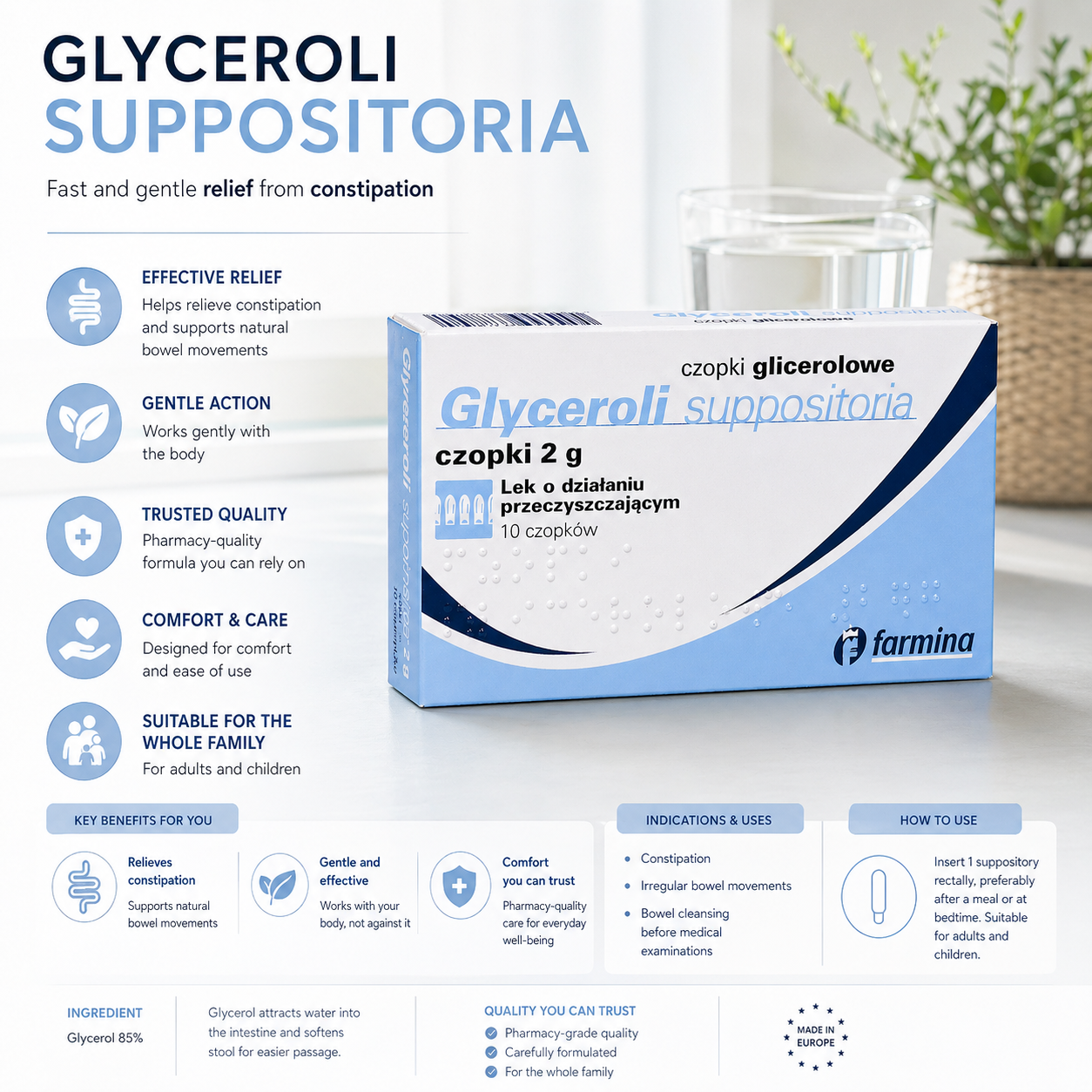 Glycerin Suppositories Fast Constipation Relief 10 Suppositories Rectal Laxative Farmina Benefits