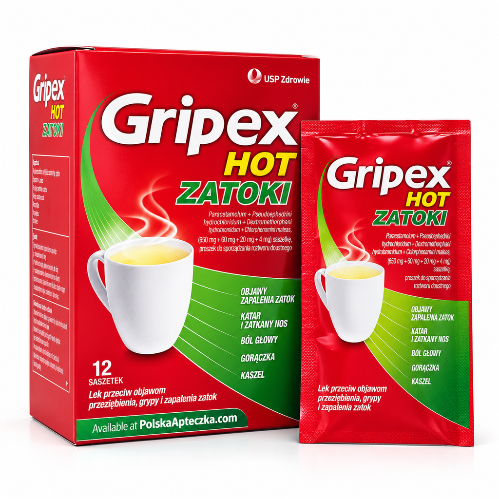 Gripex Hot Zatoki 12 sachets European cold flu and sinus congestion relief hot drink medicine