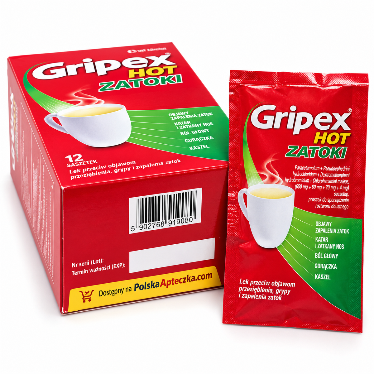 Gripex Hot Zatoki 12 sachets European cold flu and sinus congestion relief hot drink medicine barcode