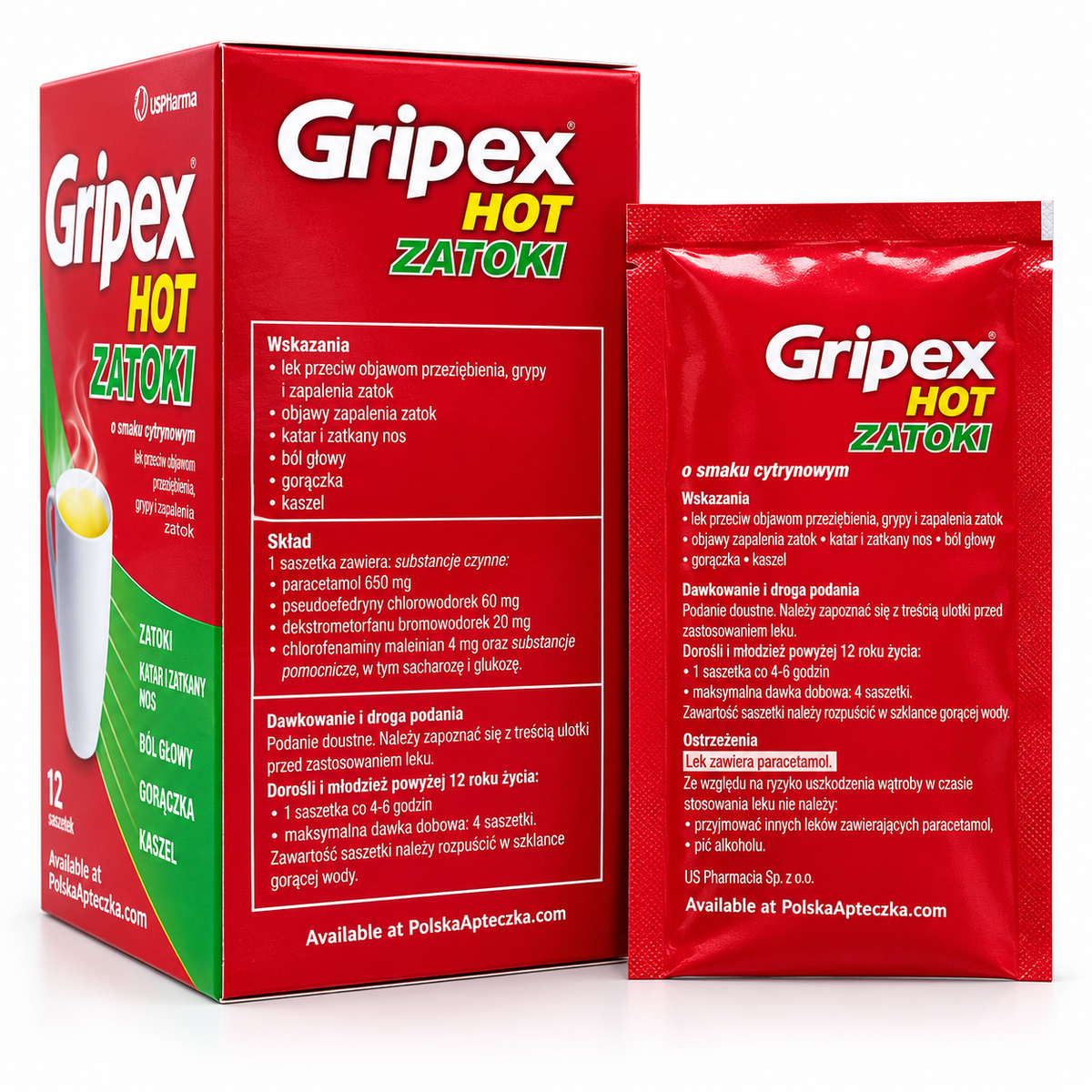 Gripex Hot Zatoki 12 sachets European cold flu and sinus congestion relief hot drink medicine ingredients