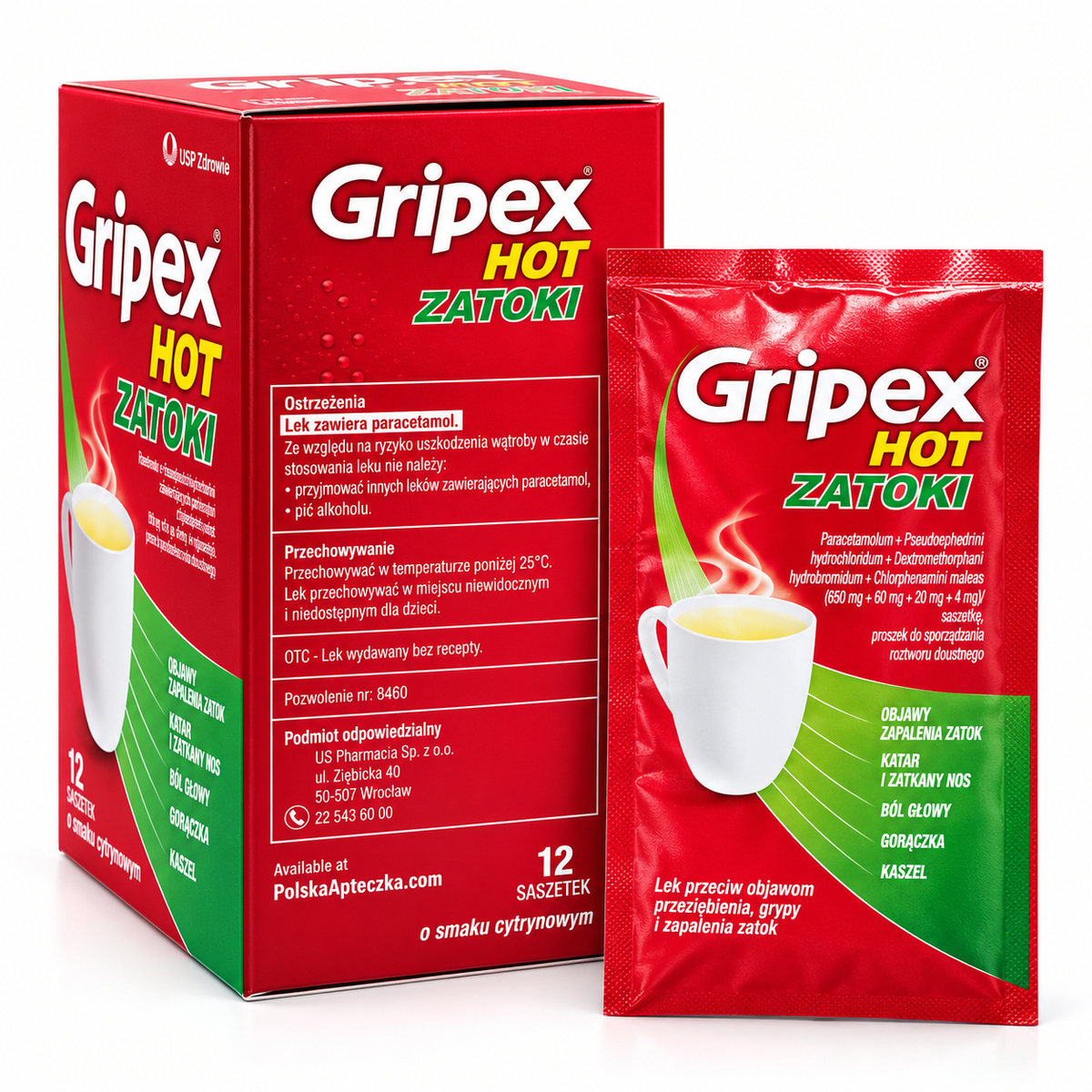 Gripex Hot Zatoki 12 sachets European cold flu and sinus congestion relief hot drink medicine side