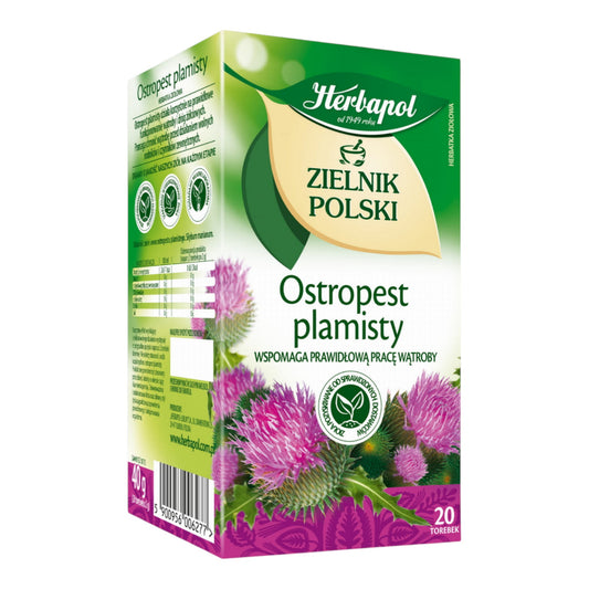 Herbapol Ostropest Plamisty Milk Thistle Tea – 20 tea bags, liver support herbal tea, angled box view