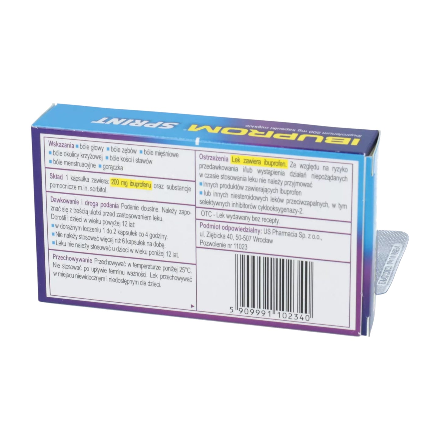 Ibuprom Sprint Ingredients and Dosage Instructions Back of Box