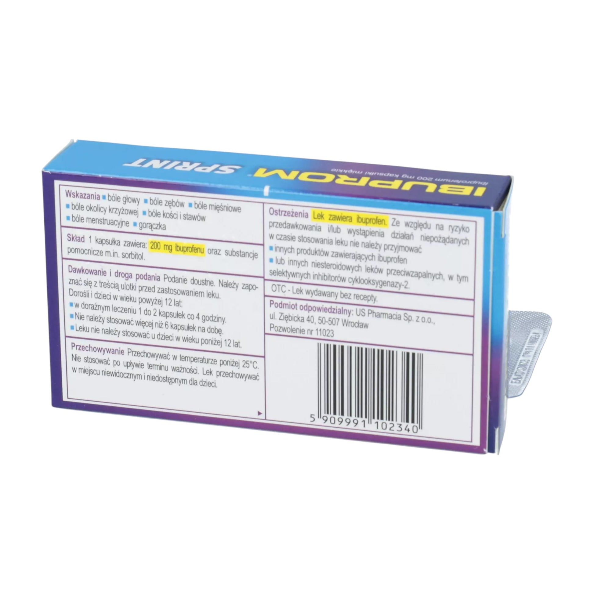 Ibuprom Sprint Ingredients and Dosage Instructions Back of Box