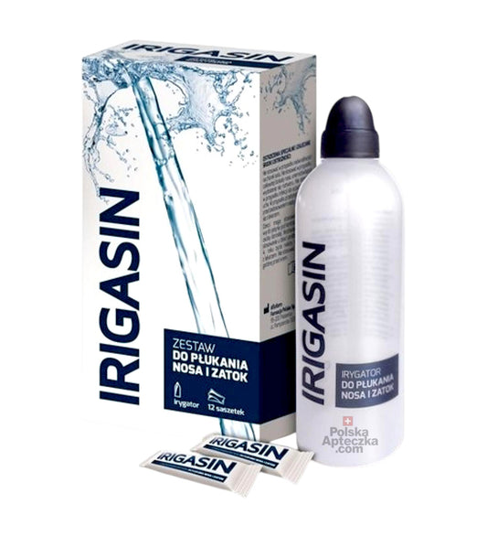 Irigasin nasal rinse kit with irrigator and 12 saline sachets