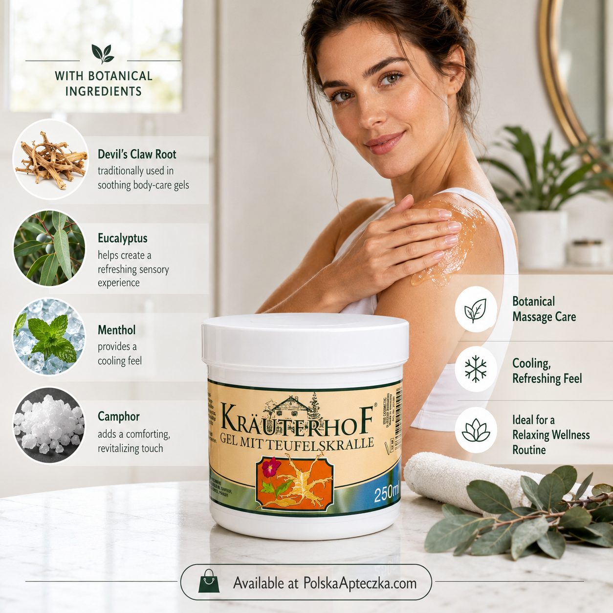 Kräuterhof Devil’s Claw Cooling Gel 250 ml Herbal Massage Gel with Menthol Eucalyptus Camphor