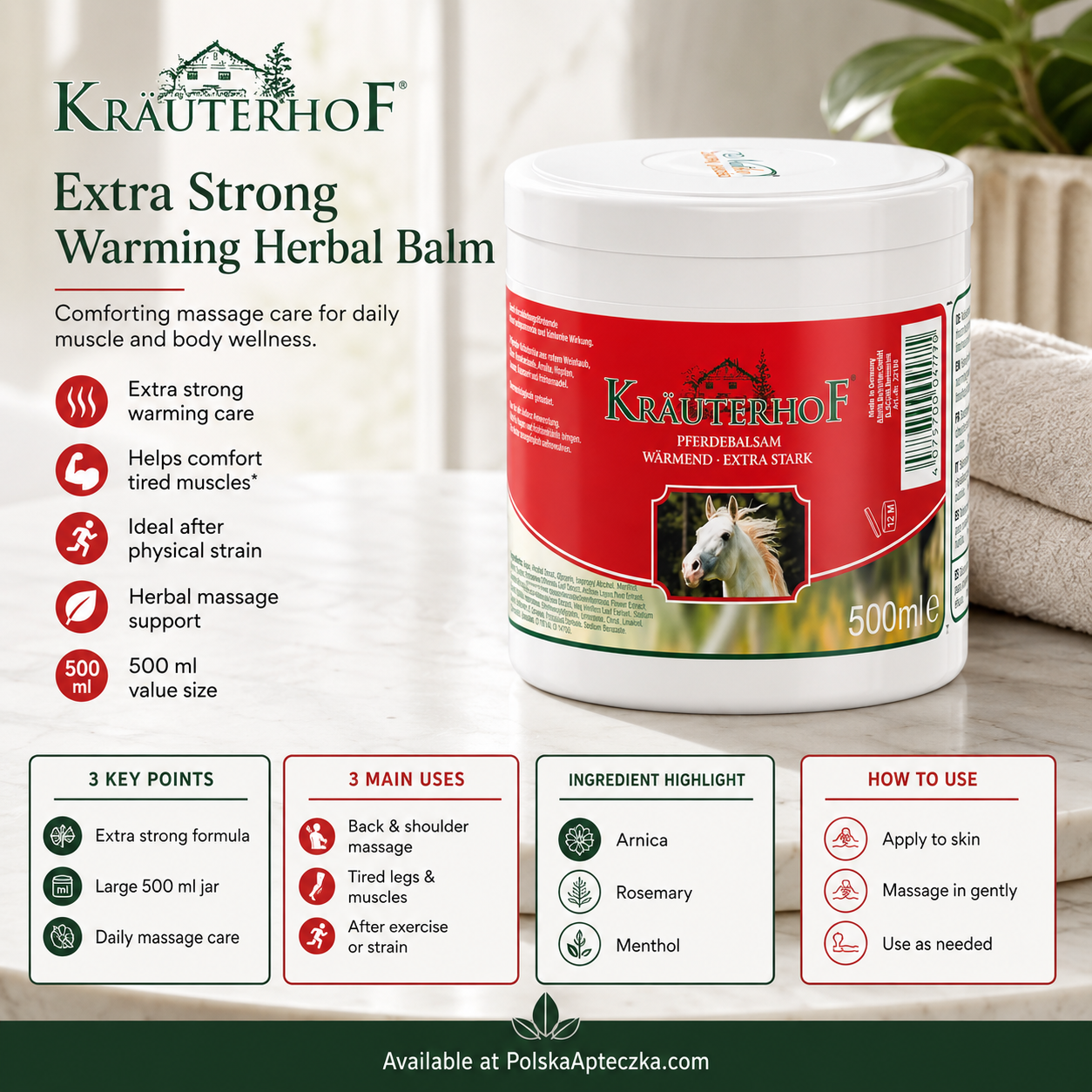 Krauterhof Horse Balm Warming Extra Strong 500ml Infographic