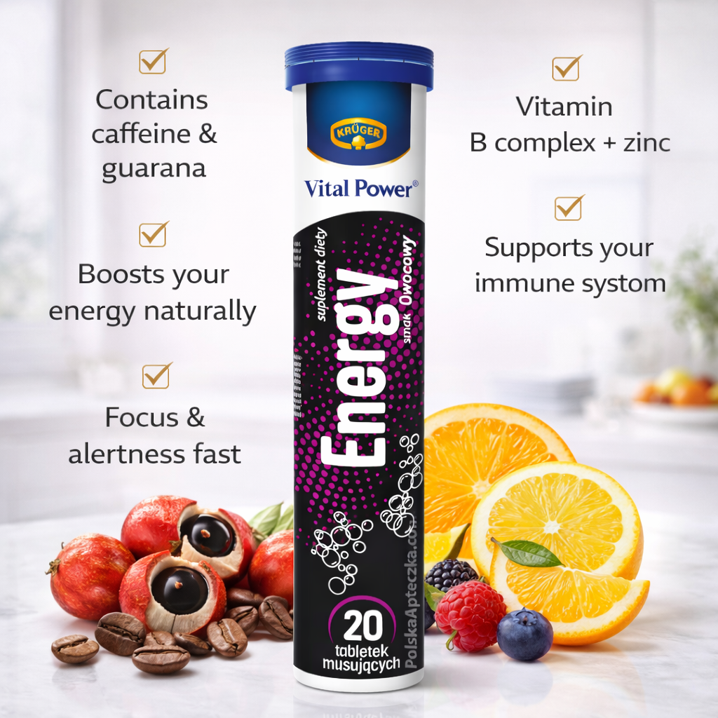 Vital Power Energy Effervescent Tablets Blackcurrant Flavor 20 Tablets Kruger benefis