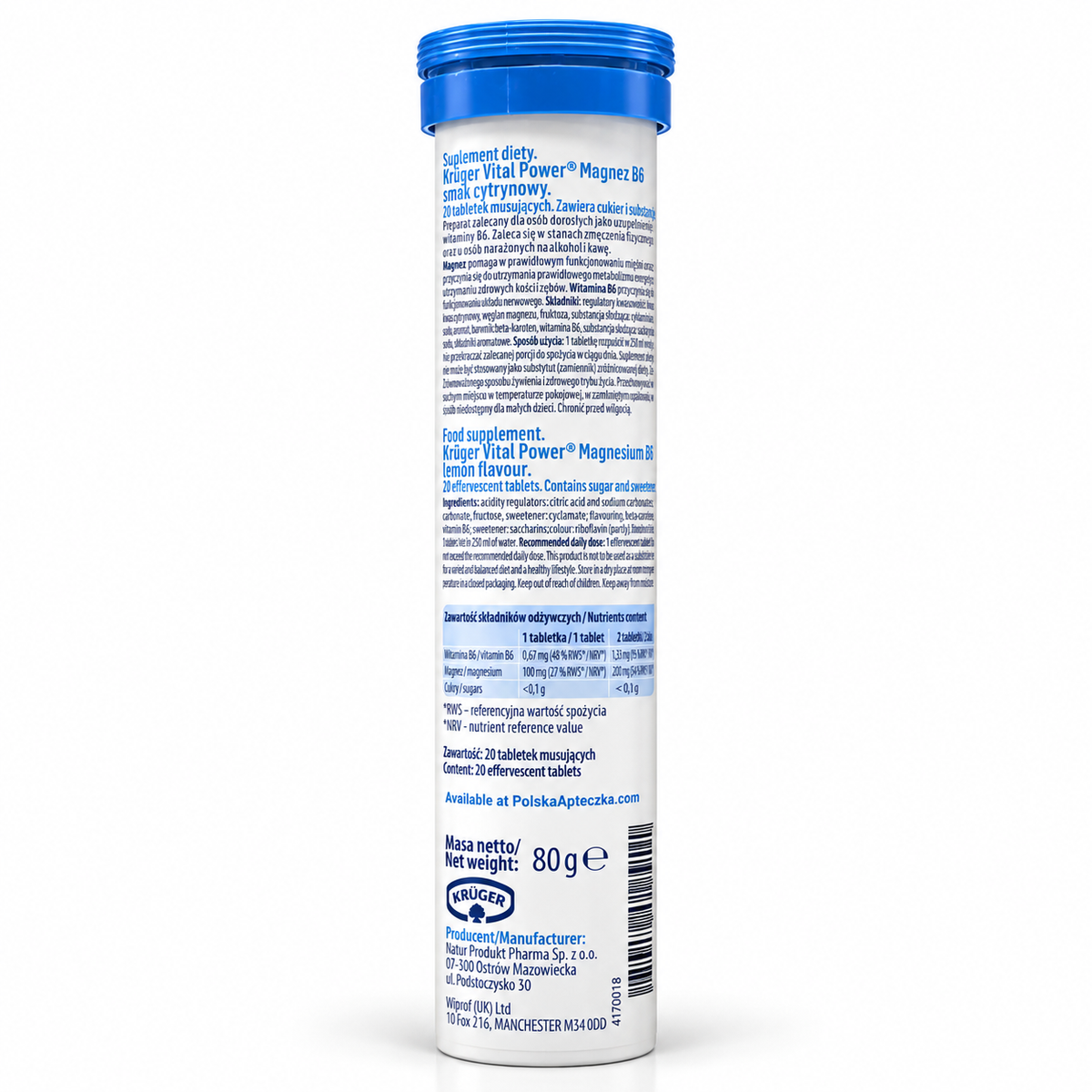 Kruger Vital Power Magnesium B6 Lemon 20 Tablets Ingredients