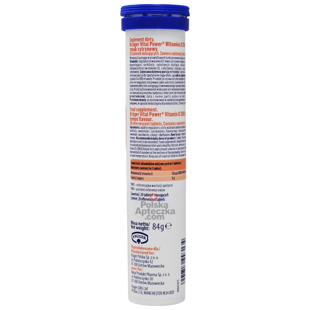 Kruger Vital Power Vitamin D3 2000 IU Effervescent Tablets Lemon Flavor 20 count tube back