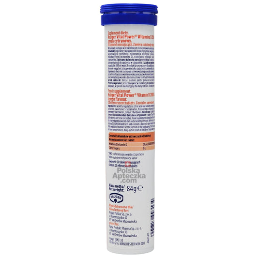 Kruger Vital Power Vitamin D3 2000 IU Effervescent Tablets Lemon Flavor 20 count tube back