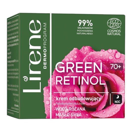 Lirene, Green Retinol 70+ krem do twarzy odbudowujący woda różana masło shea na noc 50ml