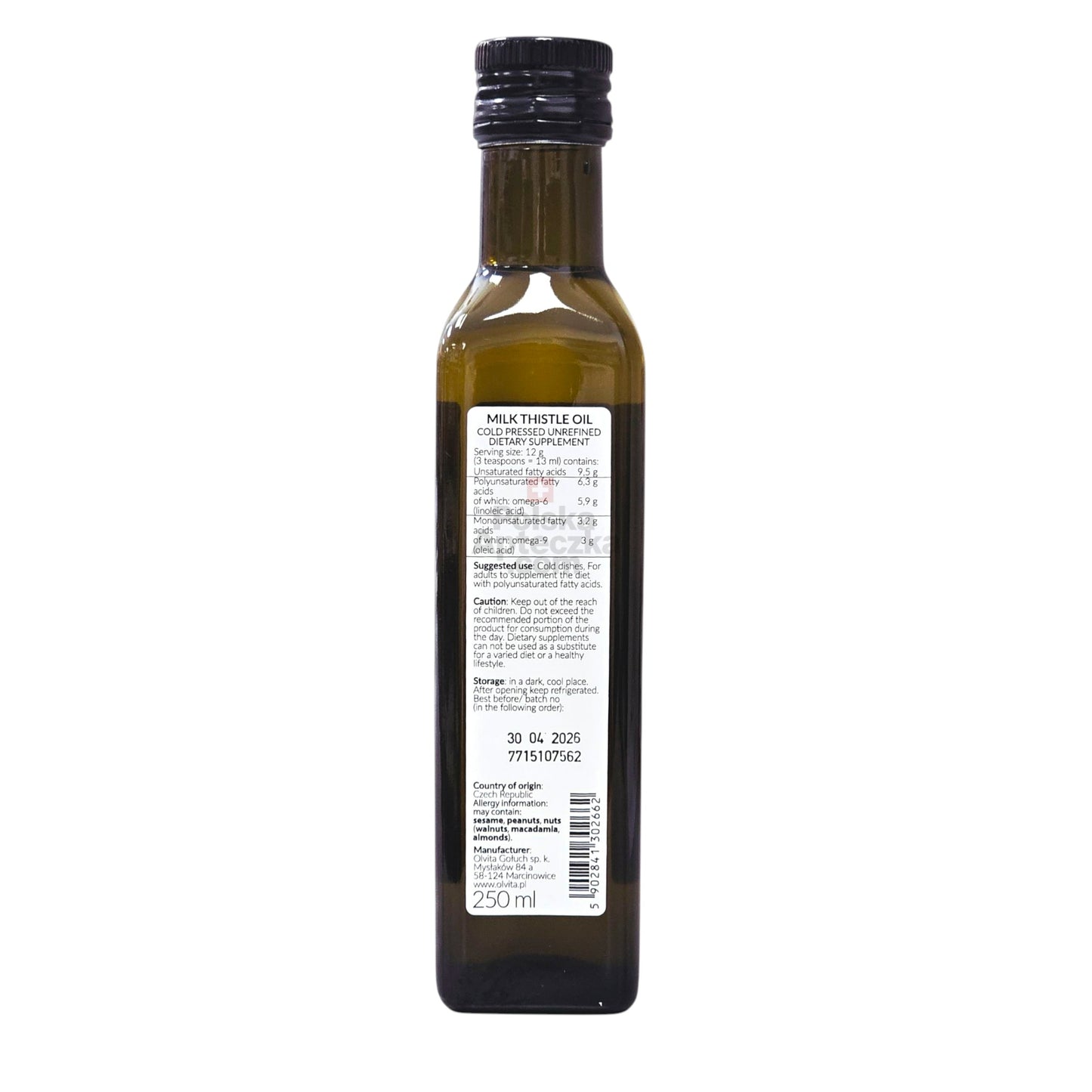Milk Thistle Oil Cold Pressed and Unrefined 250ml ingredients