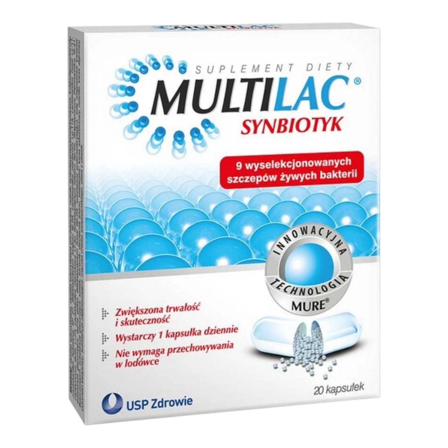 Multilac Synbiotic supplement packaging with blue capsules on a white background