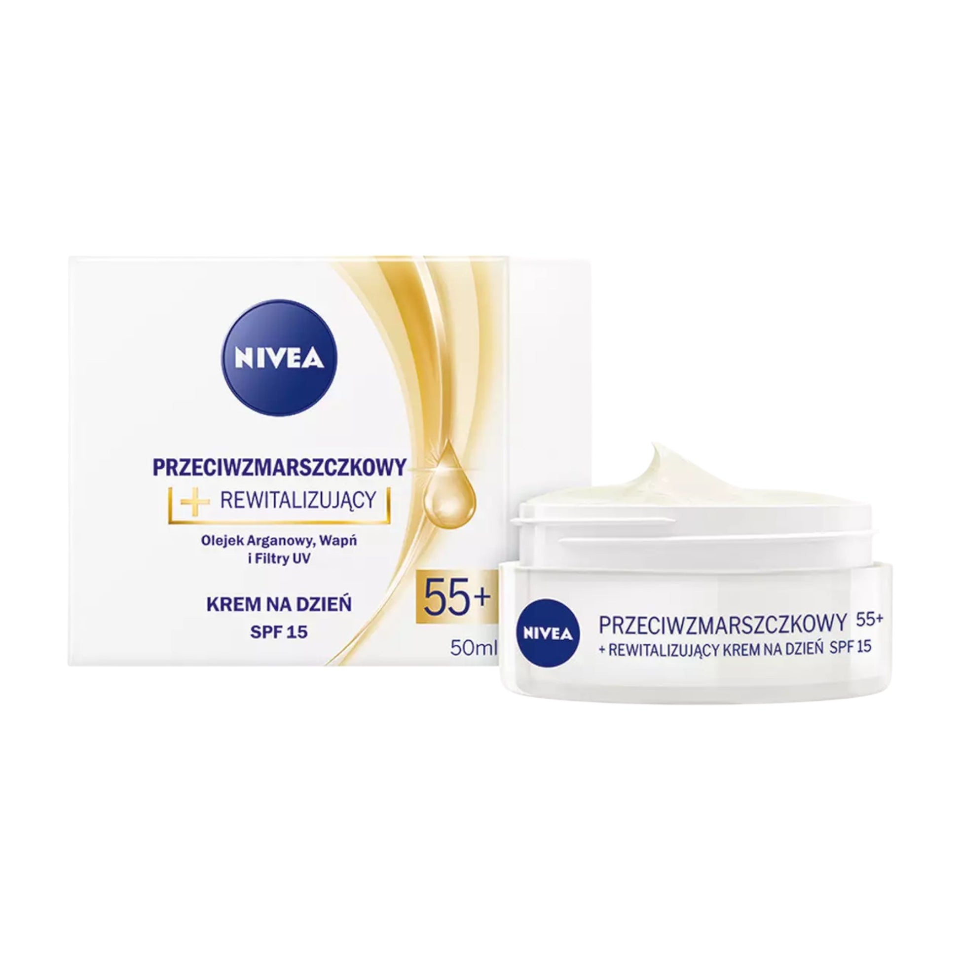 NIVEA 55+ Cream Open Jar with Visible Texture – Anti-Wrinkle Day Cream with Argan Oil