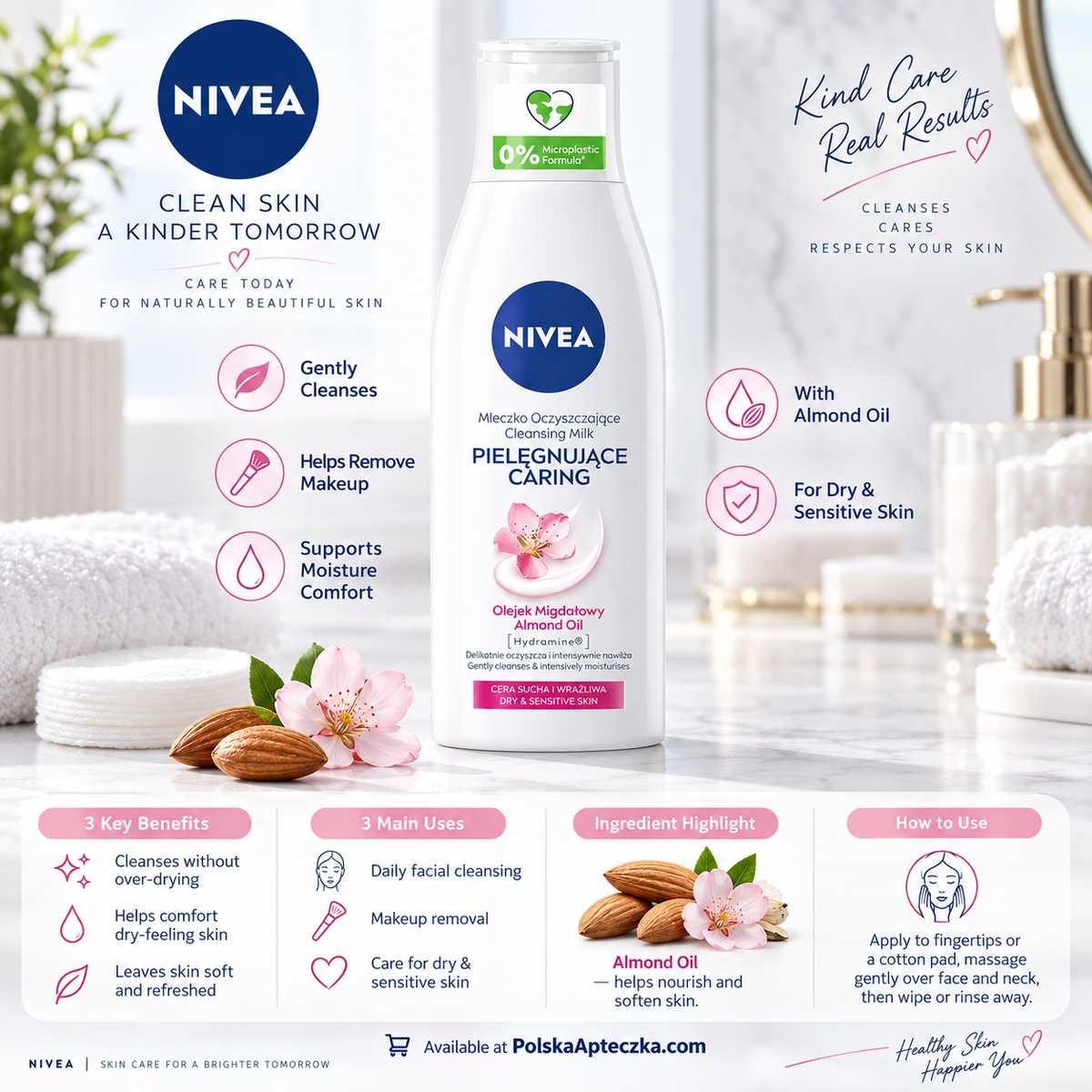 NIVEA Caring Cleansing Milk with almond oil and Hydramine for dry and sensitive skin Infographic