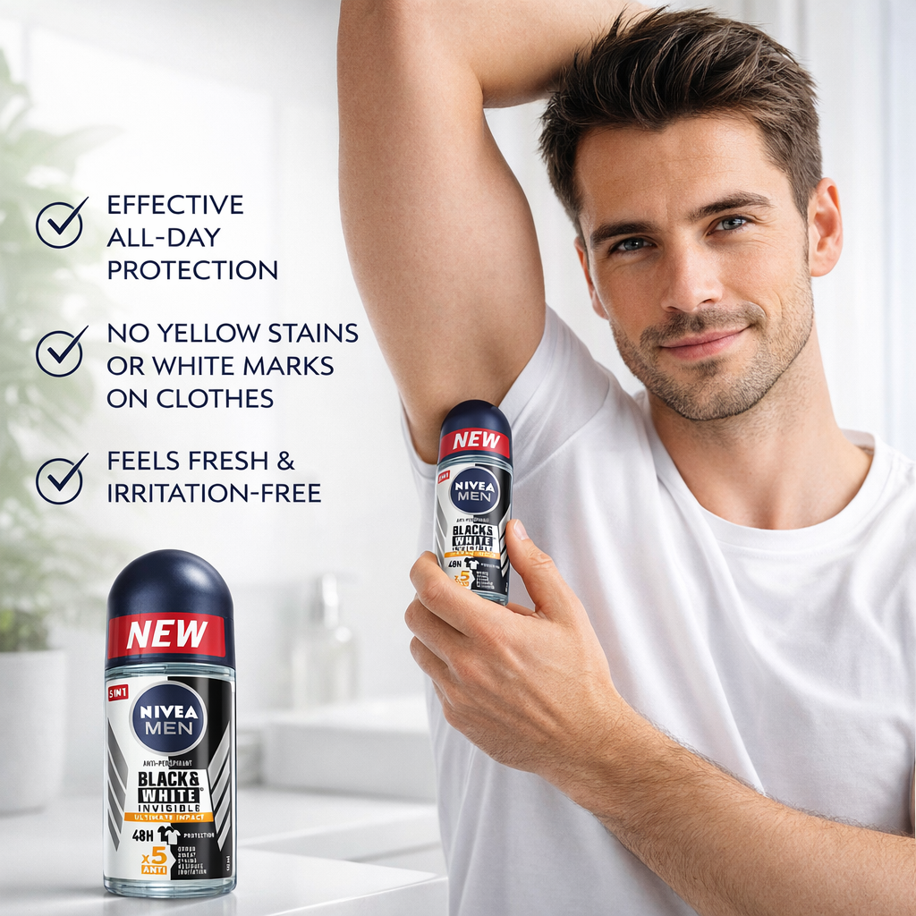 NIVEA Men Black & White Invisible Ultimate Impact Anti Perspirant Roll On 50 ml benefits