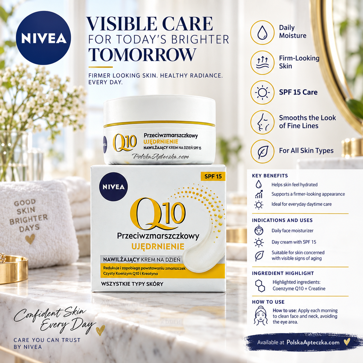 NIVEA Q10 Anti-Wrinkle Firming Day Cream SPF 15 with Q10 & Creatine 50ml Infographic