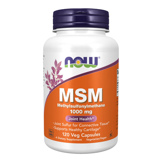 NOW MSM 1000 mg bottle with siarka organiczna for joint support – 120 vegan capsules