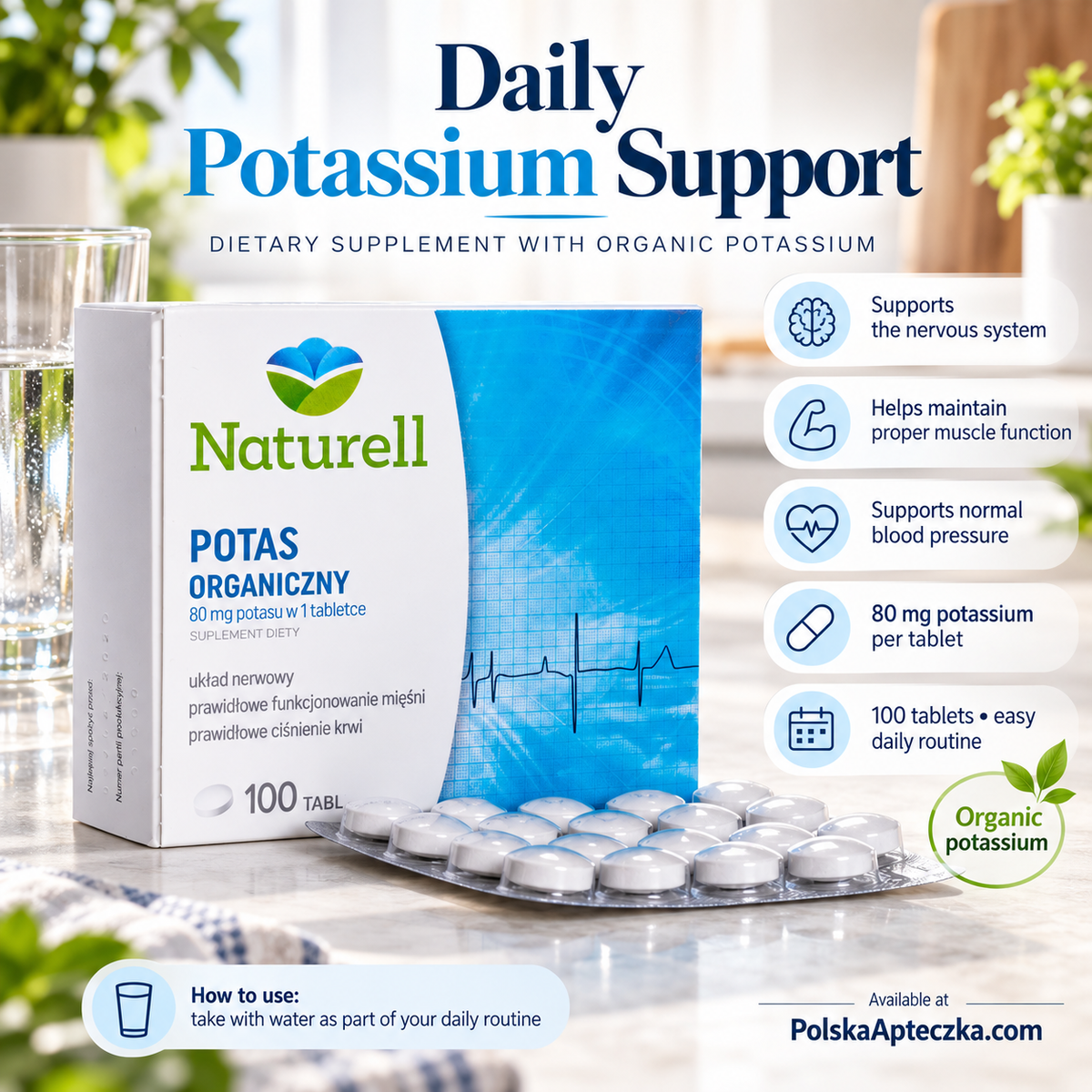 Naturell Potas Organiczny 80 mg glukonian potasu 100 tabletek na wsparcie mięśni układu nerwowego i prawidłowego ciśnienia krwi