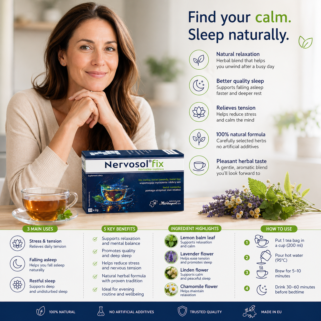 Nervosol Fix Herbal Tea Calm Sleep Stress Relief 20 Bags Uses