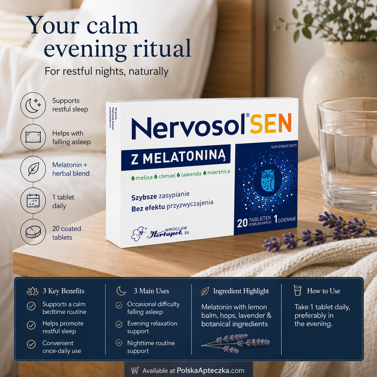 Nervosol SEN Melatonin Sleep Support 20 Tablets Infographic