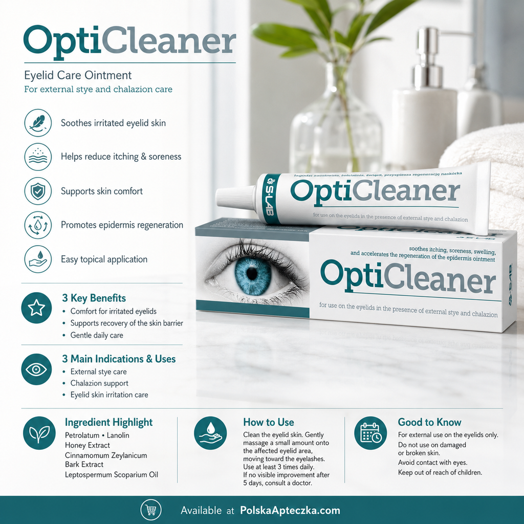 OptiCleaner Eyelid Ointment 15 g | Stye & Chalazion Care Infographic