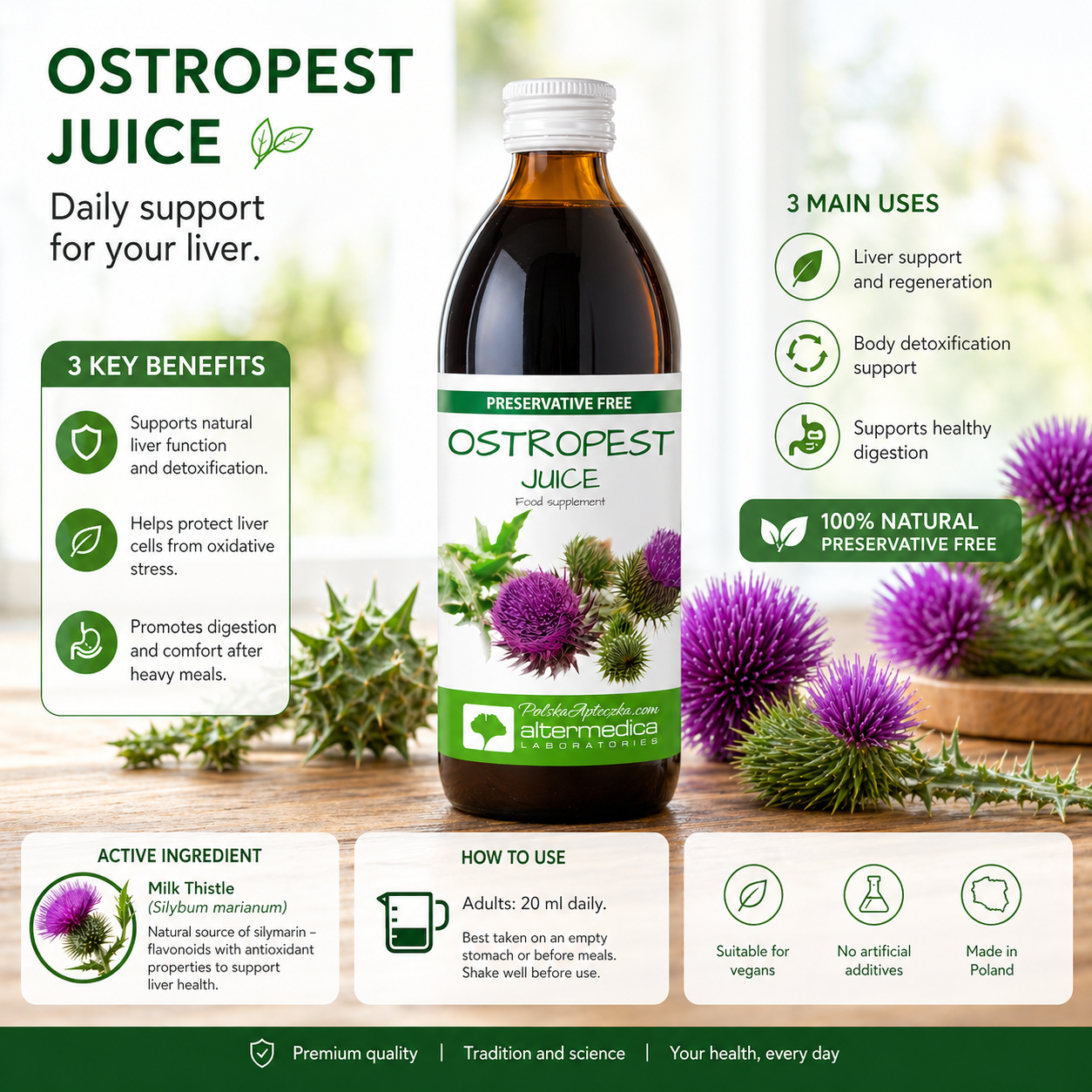 Ostropest Sok Alter Medica milk thistle juice liver detox supplement 500ml bottle Use