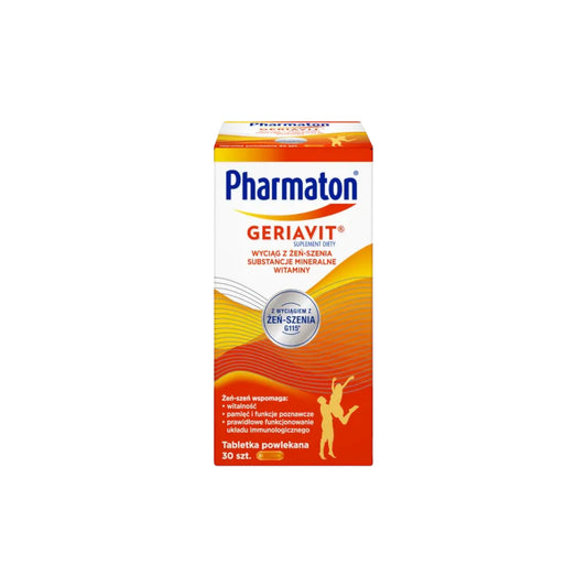 Pharmaton Geriavit 30 tablets box with ginseng, vitamins, and minerals – daily energy support