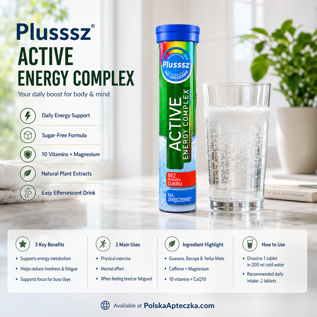 Plusssz Active Energy Complex Sugar-Free 20 Effervescent Tablets Infographic