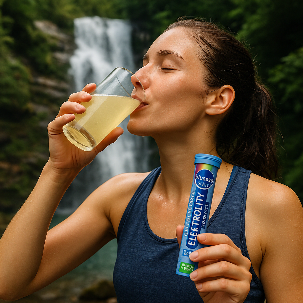 Plusssz Elektrolity Complex effervescent tablets for hydration, 20 count waerfall background