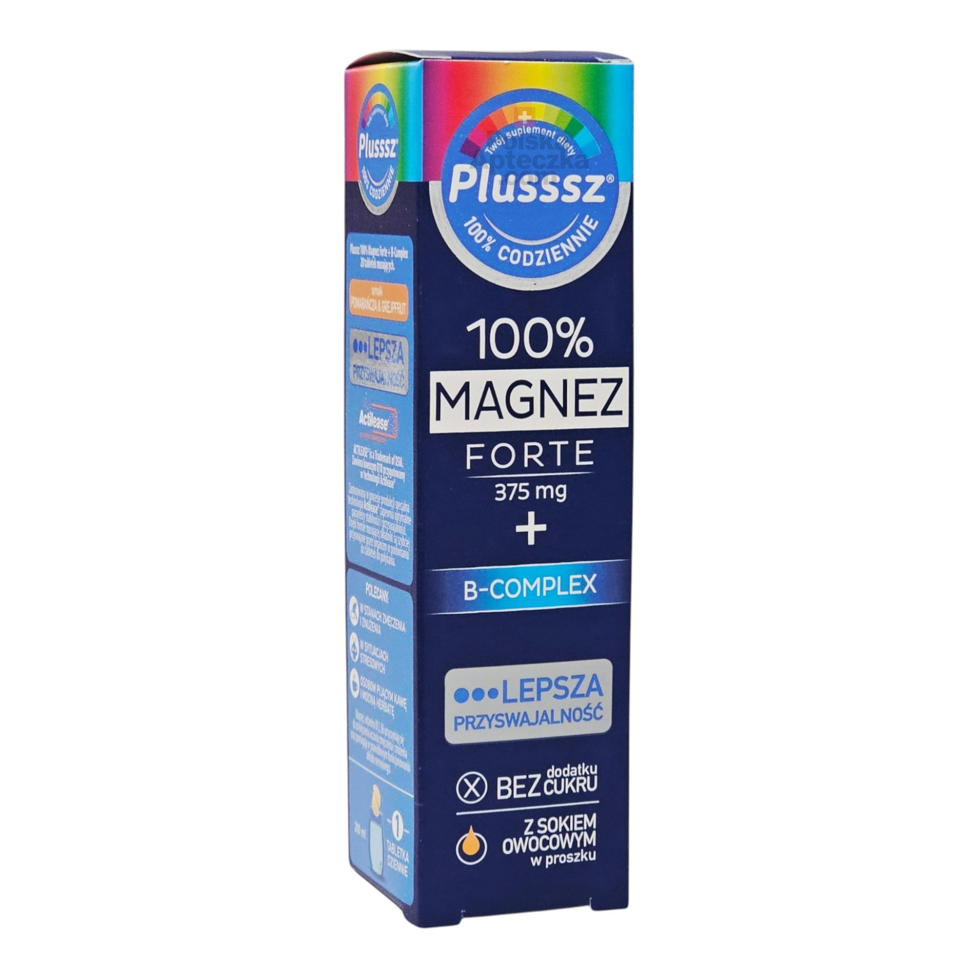 Plusssz Magnesium Forte Complex effervescent tablets sugar-free magnesium supplement with vitamin B6 for muscle support and energy angle view box