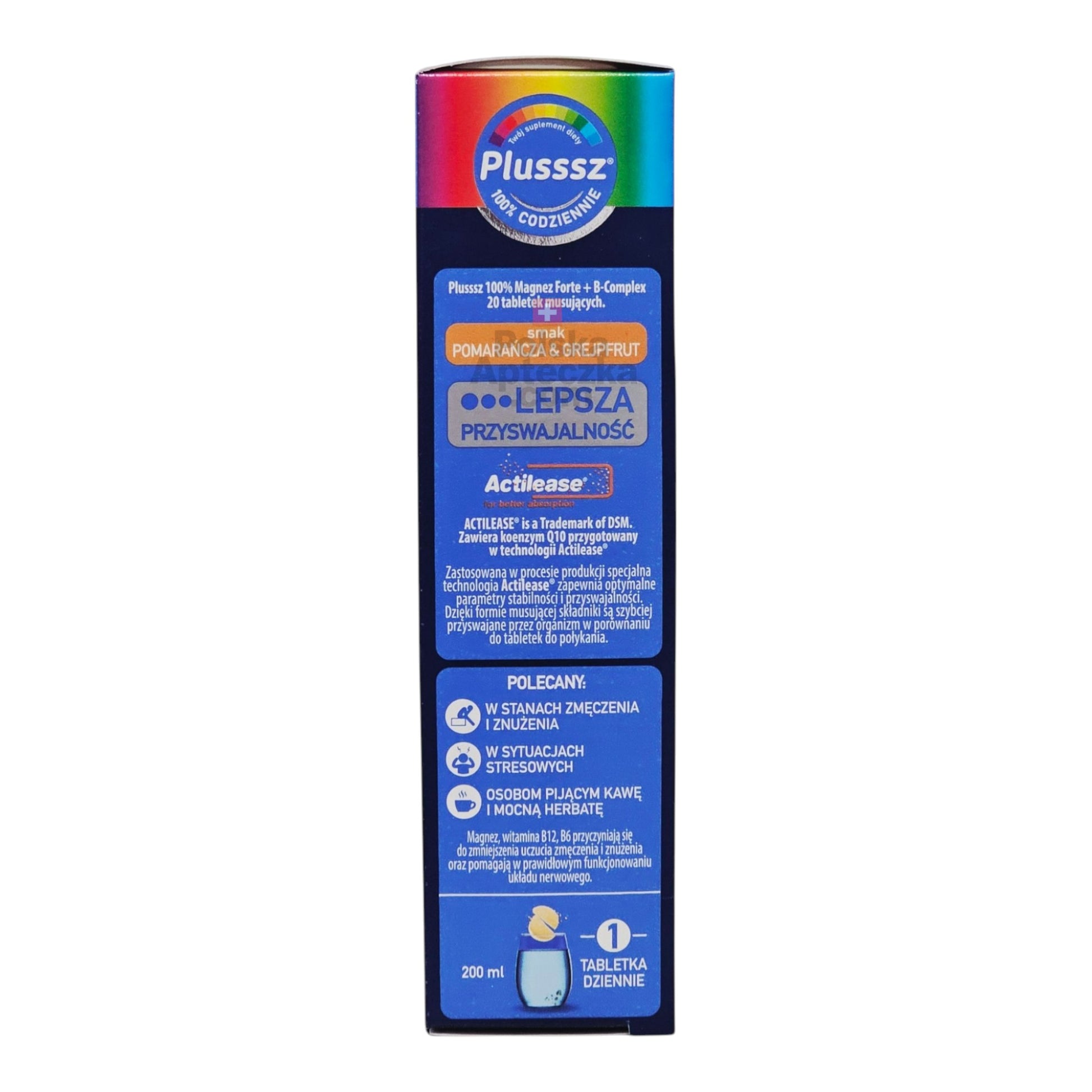 Plusssz Magnesium Forte Complex effervescent tablets sugar-free magnesium supplement with vitamin B6 for muscle support and energy side view box