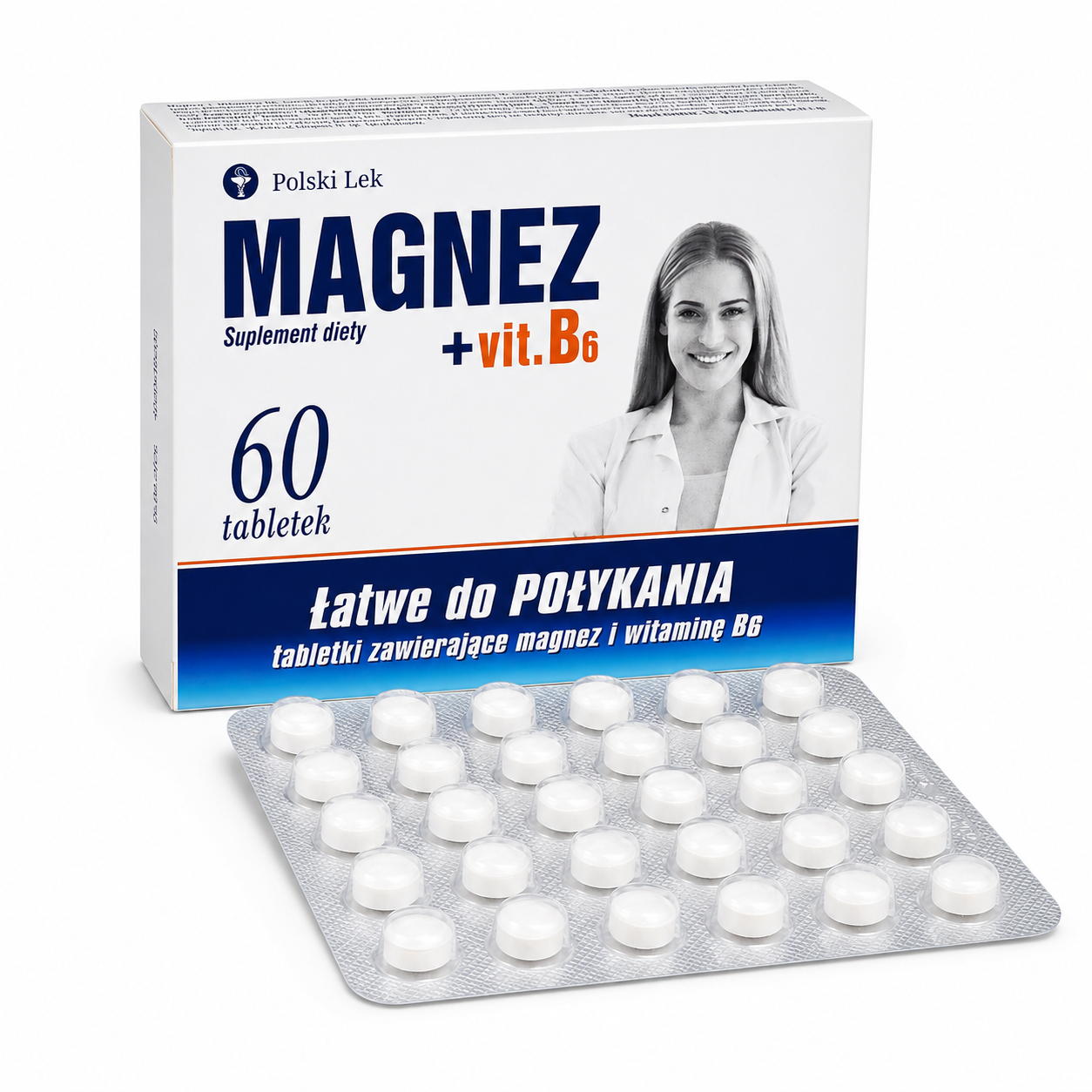 Polski Lek Magnez + Vitamin B6 Easy to Swallow Magnesium Tablets 60 Count blisterpack