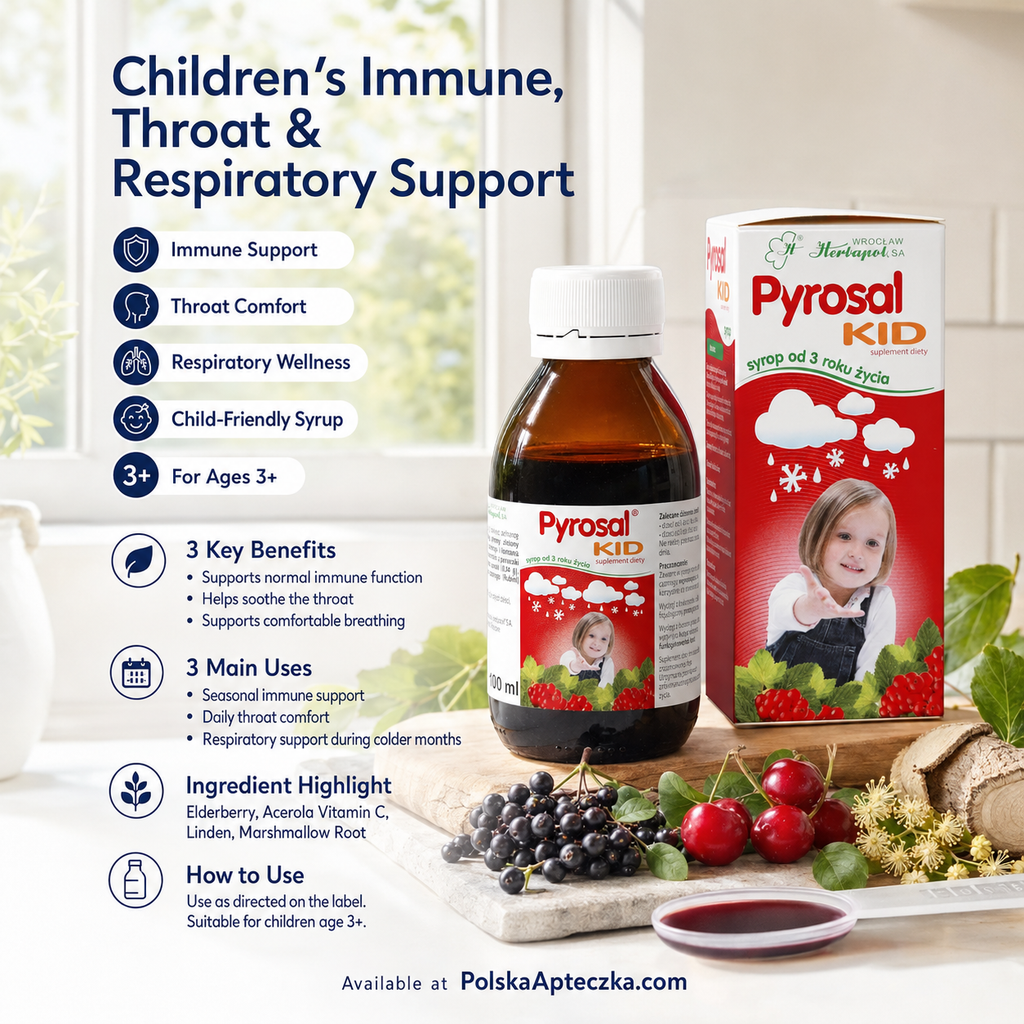 Pyrosal KID Children’s Immune, Throat & Respiratory Support Syrup with Elderberry, Acerola Vitamin C, Linden and Marshmallow Root Age 3+ 100ml Infographic