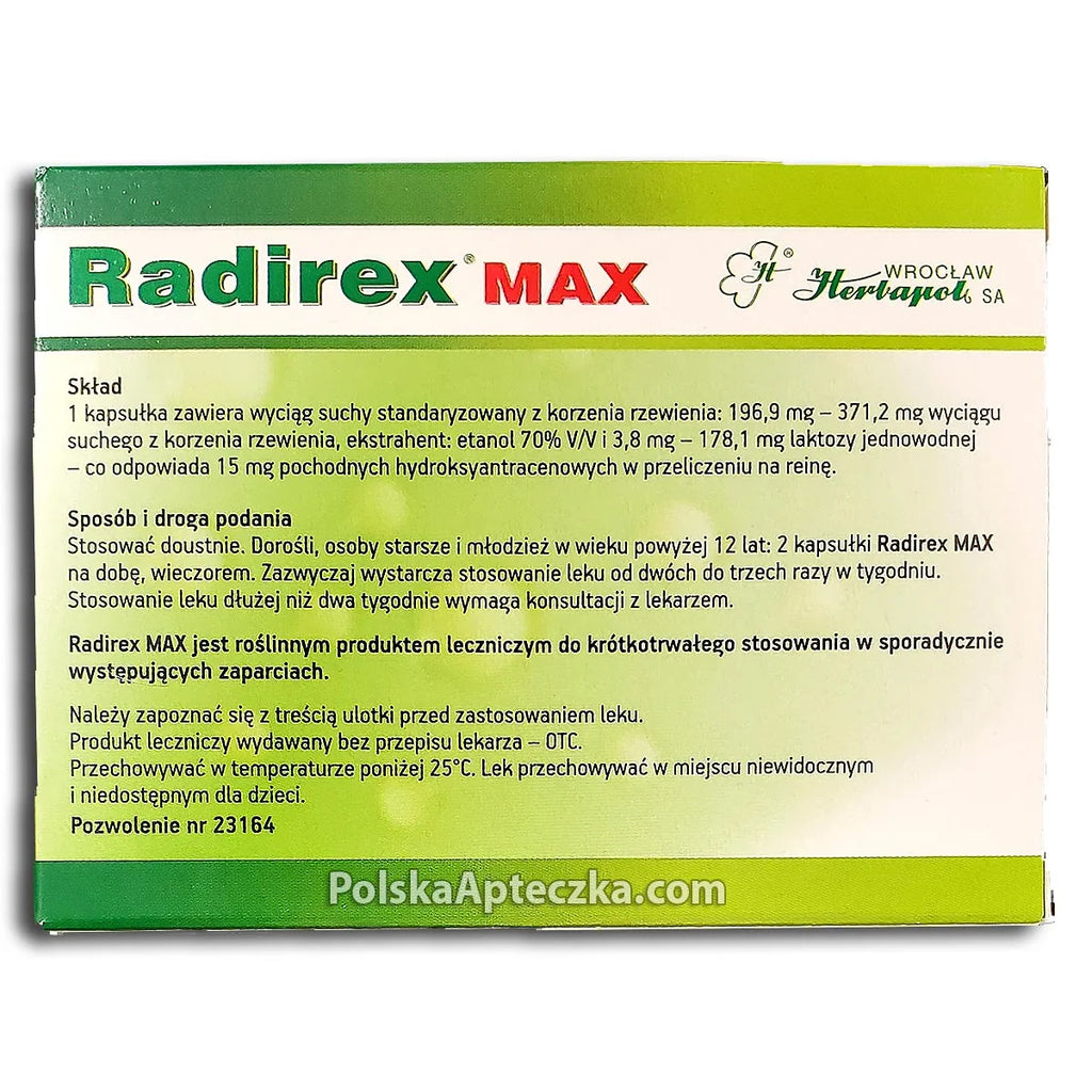 Radirex Max back label with dosage, ingredients, and usage instructions