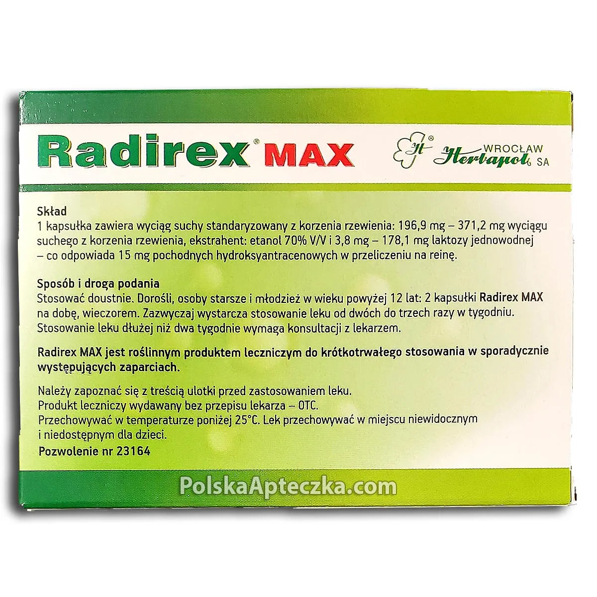 Radirex Max back label with dosage, ingredients, and usage instructions