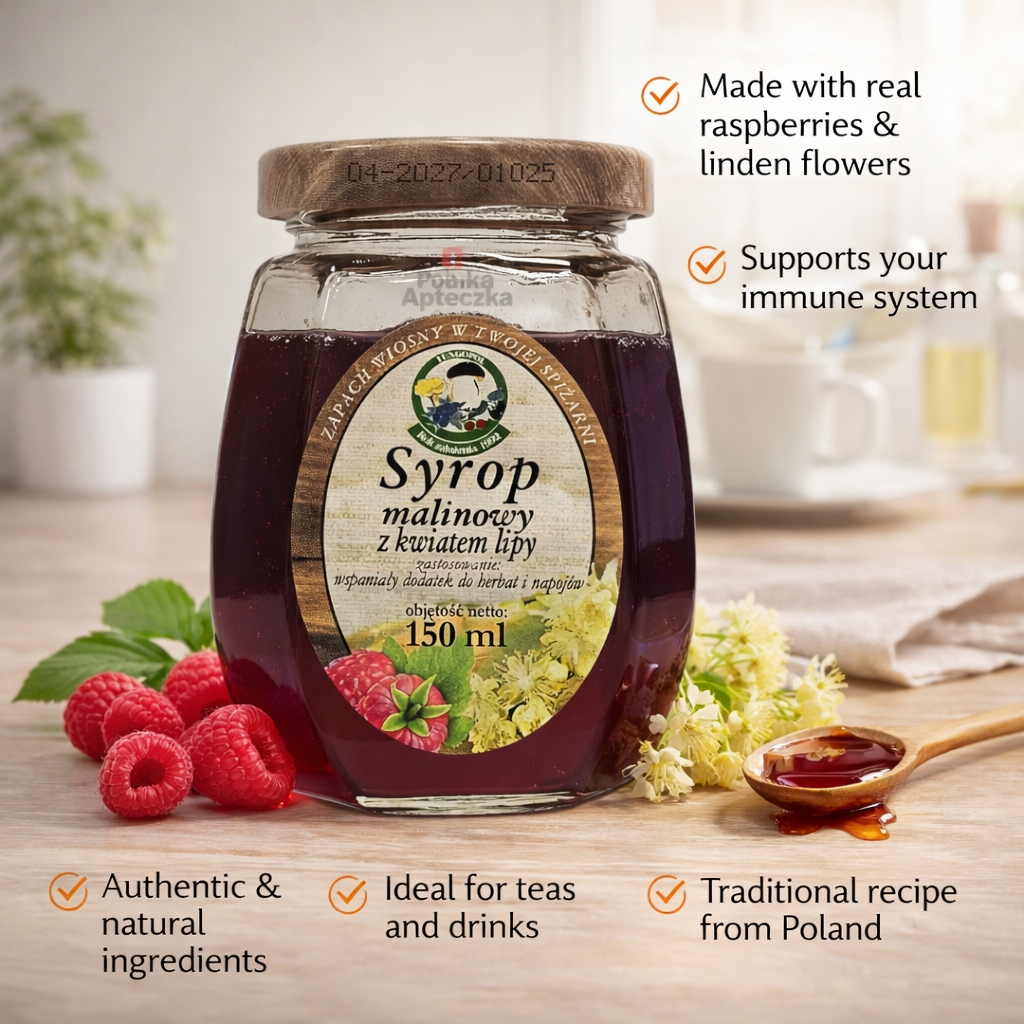 Raspberry Syrup with Linden Flower Syrup 150 ml benefits Polska Apteczka