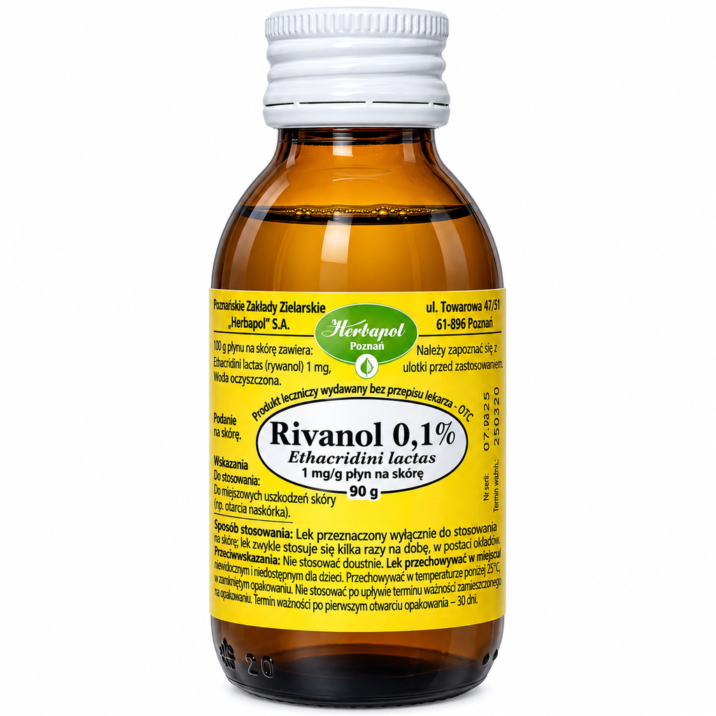 Rivanol 0.1% ethacridine lactate 1 mg/g topical antiseptic skin solution Herbapol Poznan 90 g bottle