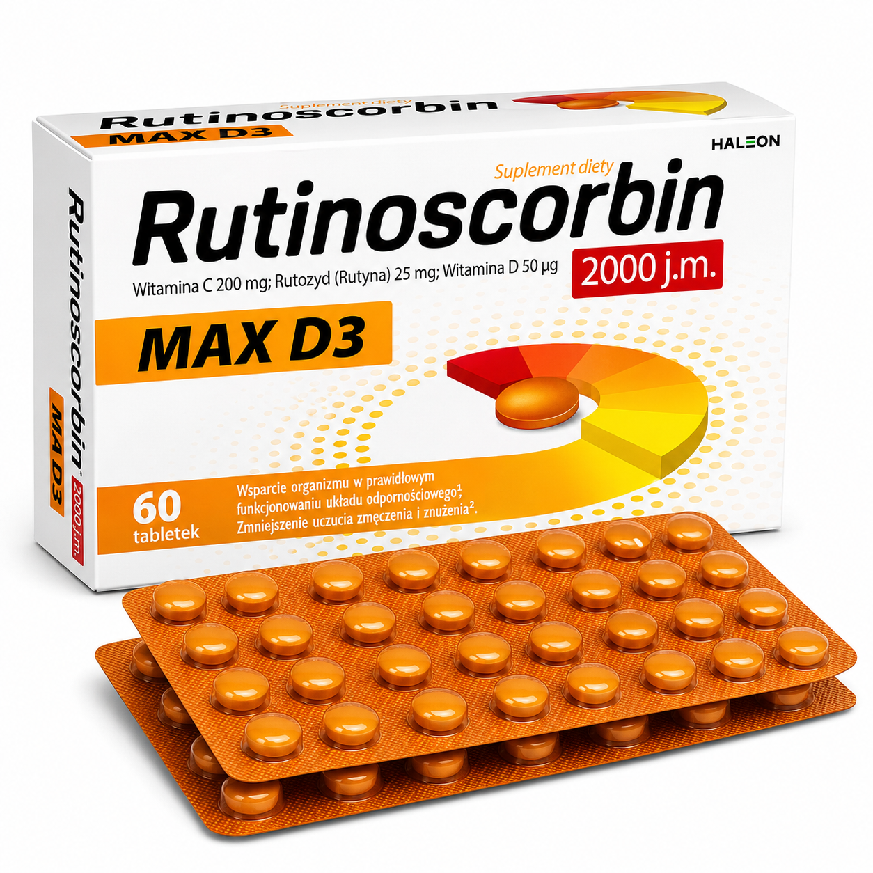 Rutinoscorbin Max D3 Vitamin C 200mg + Vitamin D3 2000 IU + Rutoside 25mg Immune Support 60 Tablets blisterpack