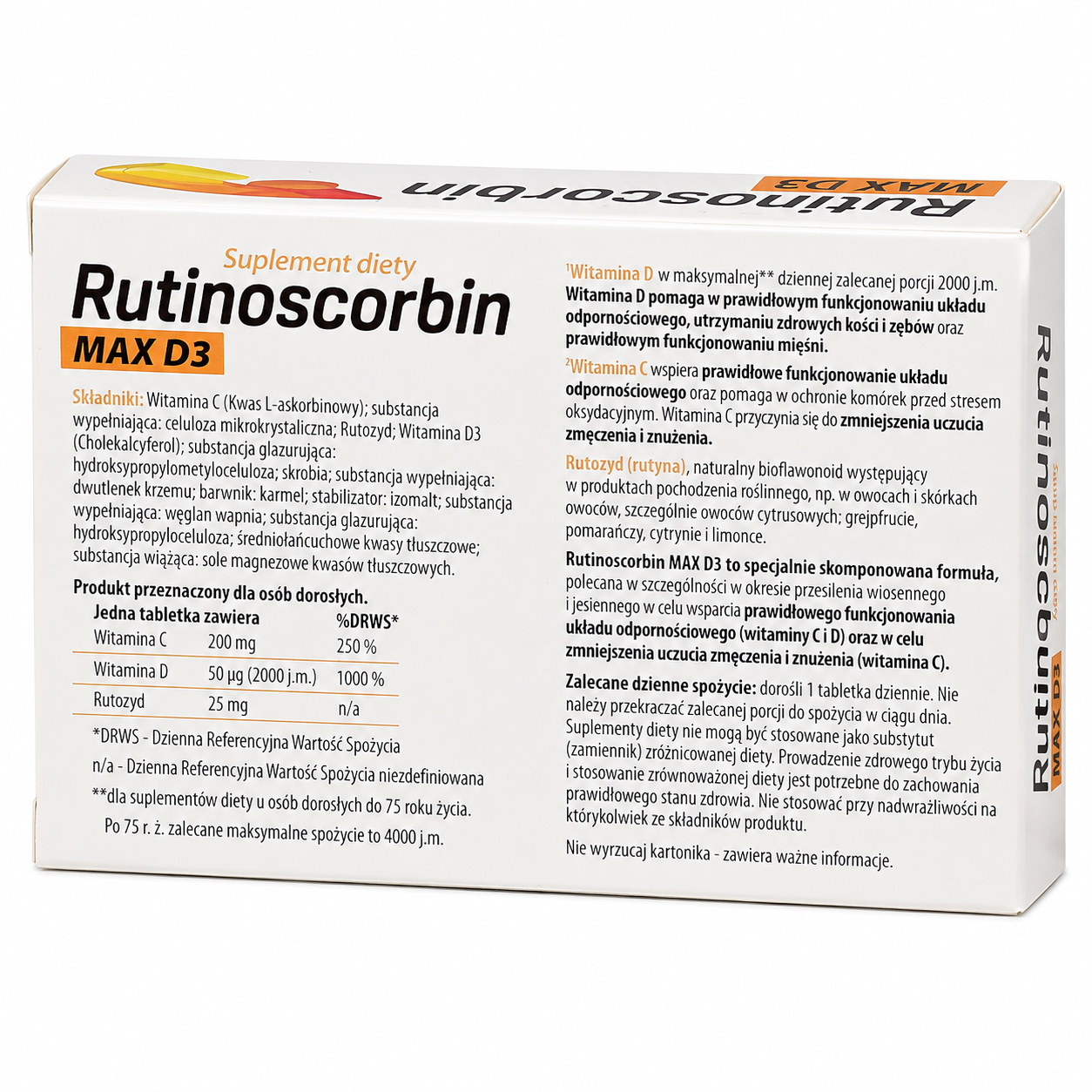 Rutinoscorbin Max D3 Vitamin C 200mg + Vitamin D3 2000 IU + Rutoside 25mg Immune Support 60 Tablets ingredients