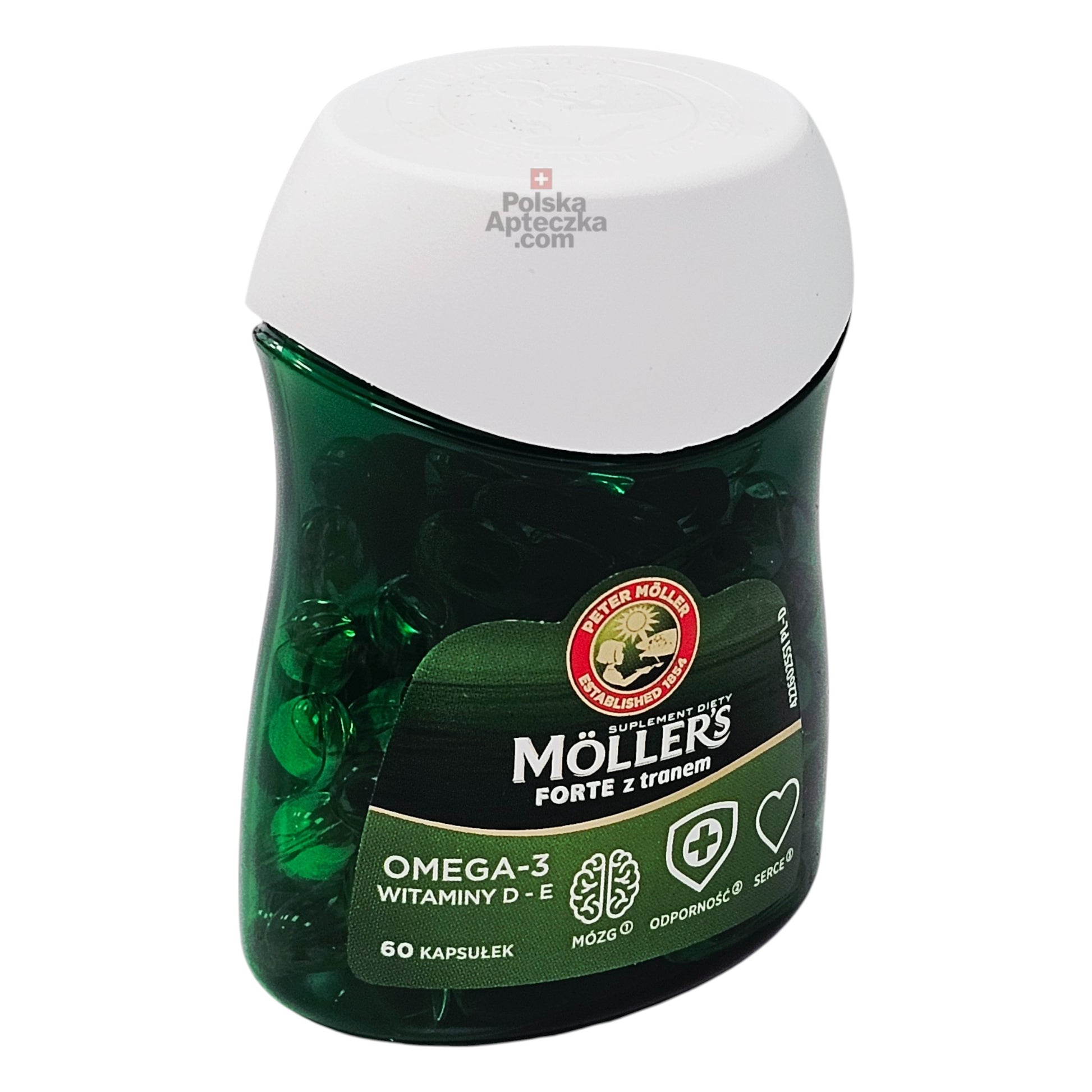 Side view of Moller’s Forte omega-3 capsules bottle