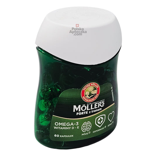 Side view of Moller’s Forte omega-3 capsules bottle