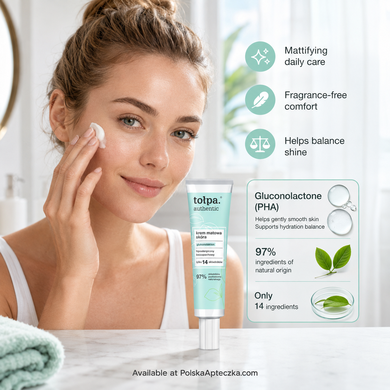 Tołpa Authentic Mattifying Face Cream 40 ml – Gluconolactone PHA, 8H Shine Control & 12H Hydration