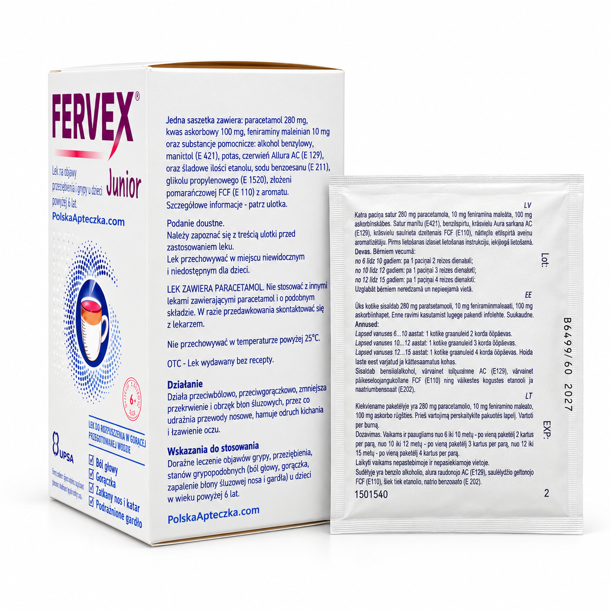 UPSA Fervex Junior 8 sachets – carton and sachet / Fervex Junior 8 saszetek Instructions