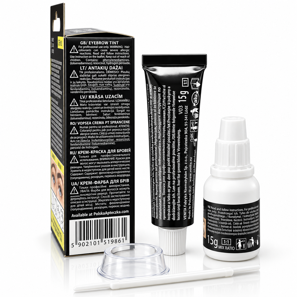 Venita Henna Color Professional 1.0 Black eyebrow tint cream with activator and applicator back