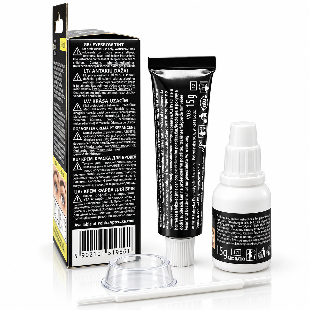Venita Henna Color Professional 1.0 Black eyebrow tint cream with activator and applicator back